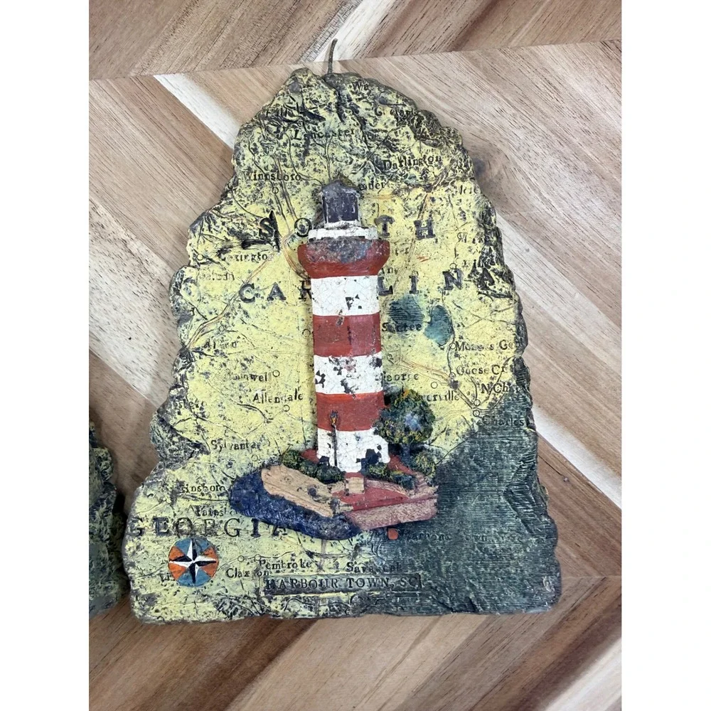 Nautical Lighthouse Candles Set of 2 Coastal Map Design Harbor Town SC Bodie NC‎